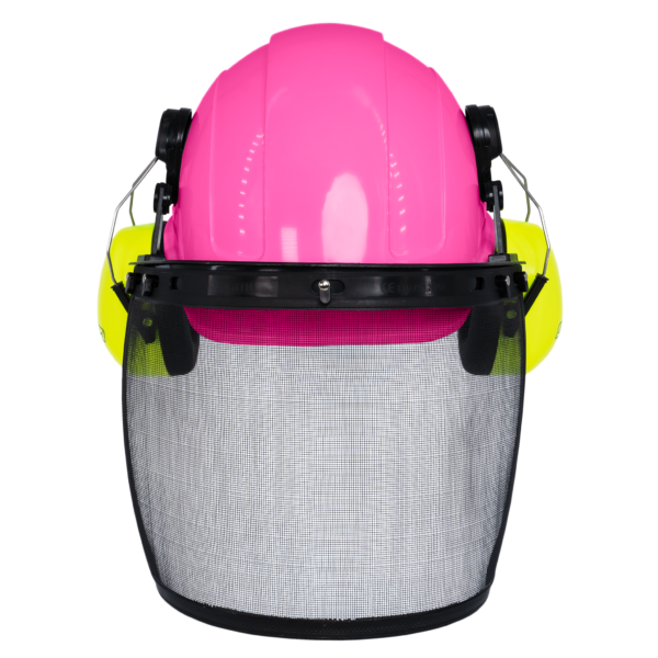 Casco rígido estilo gorra rosa con orejeras verdes montables y pantalla facial de malla