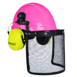 Casco rígido estilo gorra rosa con orejeras montables color lima y pantalla facial de malla
