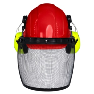 Casco de seguridad estilo gorra rojo con orejeras verde lima montables y pantalla facial de malla