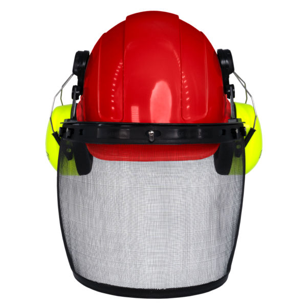 Casco de seguridad estilo gorra rojo con orejeras verde lima montables y pantalla facial de malla