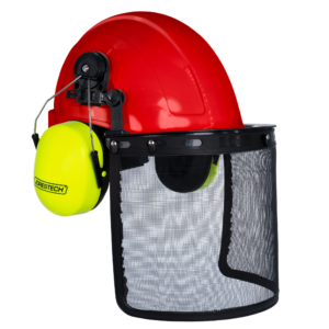 Casco de seguridad estilo gorra rojo con orejeras color lima montables y pantalla facial de malla