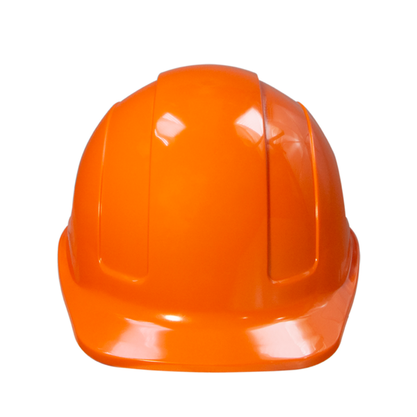 Vista frontal de un casco de seguridad tipo gorra color naranja con suspensión de 4 puntos Tipo I Clase C, E, G