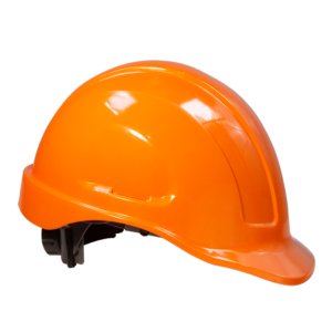 Vista diagonal de un casco de seguridad tipo gorra naranja con suspensión de 4 puntos Tipo I Clase C, E, G