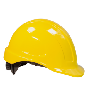Vista diagonal de un casco de seguridad amarillo tipo gorra con suspensión de 4 puntos para protección de la cabeza