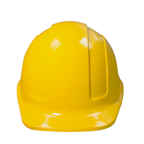 Vista frontal de un casco de seguridad tipo gorra amarillo con suspensión de 4 puntos Type I Class C, E,G