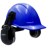 Kit de casco de seguridad azul estilo gorra con ranuras y orejeras negras montables