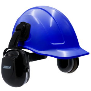 Kit de casco de seguridad azul estilo gorra con ranuras y orejeras negras montables