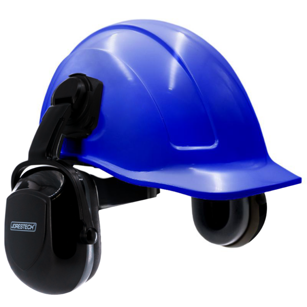 Kit de casco de seguridad azul estilo gorra con ranuras y orejeras negras montables