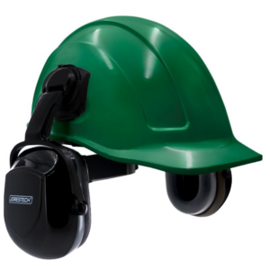 Kit de casco de seguridad estilo gorra con ranuras, color verde, con orejeras negras montables