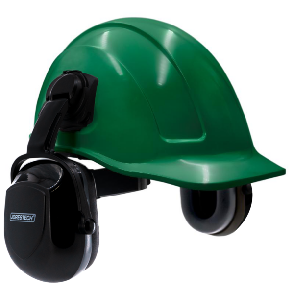 Kit de casco de seguridad estilo gorra con ranuras, color verde, con orejeras negras montables