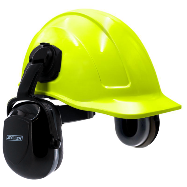 Kit de casco de seguridad estilo gorra con ranuras color lima con orejeras negras montables