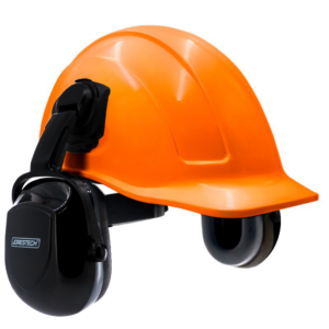 Kit de casco de seguridad ranurado estilo gorra naranja con orejeras negras montables