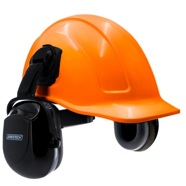 Kit de casco de seguridad ranurado estilo gorra naranja con orejeras negras montables