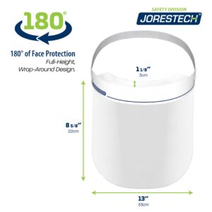 Diagrama con las medidas de la pantalla facial JORESTECH. El texto describe: ancho 13", alto 8 5/8" y ancho de la espuma que sujeta la pantalla facial colocada contra la frente 1 1/8". El texto dice: 180 grados de protección facial. Diseño envolvente de altura completa.