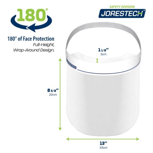 Diagrama con las medidas de la pantalla facial JORESTECH. El texto describe: ancho 13", alto 8 5/8" y ancho de la espuma que sujeta la pantalla facial colocada contra la frente 1 1/8". El texto dice: 180 grados de protección facial. Diseño envolvente de altura completa.