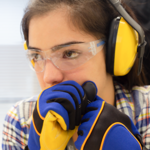 Joven mujer de cabello castaño usando gafas de seguridad transparentes de alto impacto JORESTECH, guantes de trabajo azules y amarillos, y orejeras amarillas.