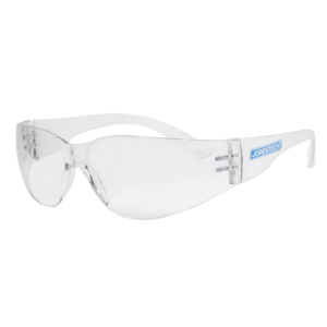 Vista diagonal de las gafas de seguridad transparentes JORESTECH para protección de alto impacto, modelo LS-260-CL, sobre fondo blanco