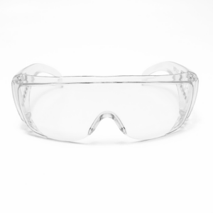 Vista frontal de las gafas de seguridad JORESTECH transparentes para protección de alto impacto sobre fondo blanco