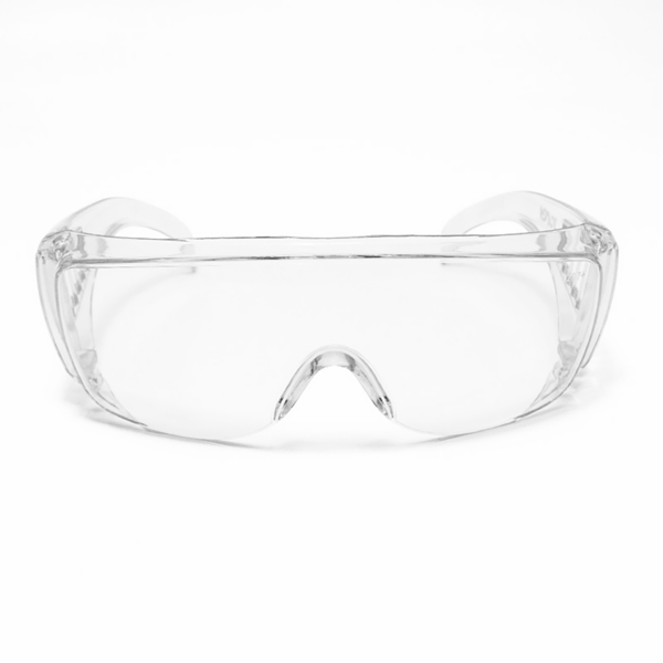 Vista frontal de las gafas de seguridad JORESTECH transparentes para protección de alto impacto sobre fondo blanco