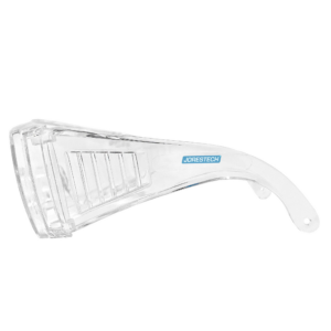 Vista lateral de las gafas de seguridad transparentes Jorestech para protección de alto impacto sobre un fondo blanco