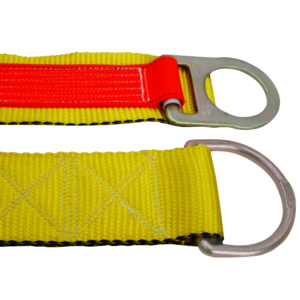 Primer plano que muestra las costuras de alta resistencia y los 2 anillos metálicos de la correa de anclaje para brazo cruzado JORESTECH amarilla y naranja con doble anillo en D