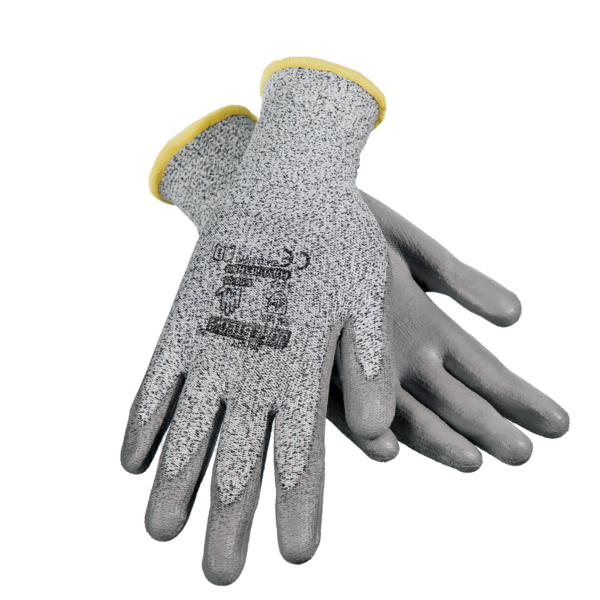 Un par de guantes de trabajo de seguridad JORESTECH grises resistentes al corte con palma recubierta de poliuretano