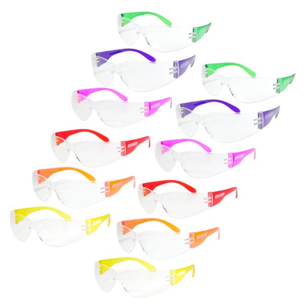 12 gafas con lente transparente y patillas de varios colores. Gafas de seguridad JORESTECH de alta resistencia sobre fondo blanco. Hay 2 lentes que cumplen con ANSI de estos colores: amarillo, naranja, rojo, rosa, morado y verde.