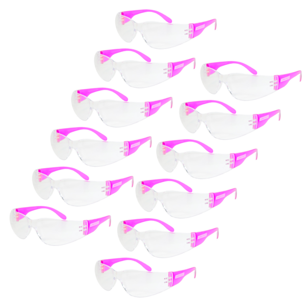 Gafas de seguridad transparentes para protección contra impactos fuertes con patillas rosas de color, en paquete de 12