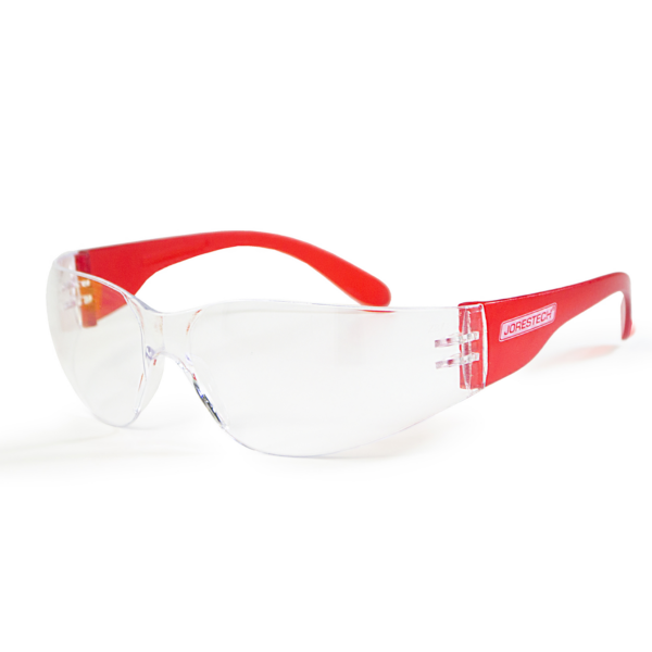 Presenta unas gafas de alta resistencia JORESTECH con lentes transparentes y varillas rojas sobre fondo blanco