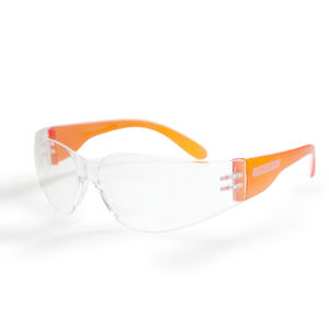 Presenta unas gafas de alta protección JORESTECH con lentes transparentes y varillas naranjas sobre fondo blanco