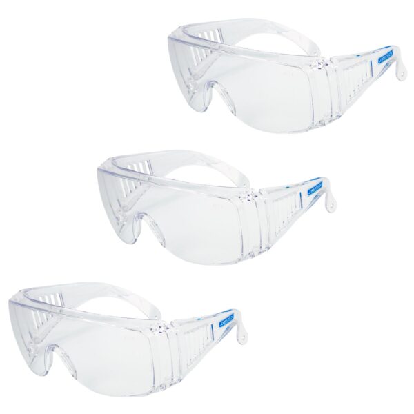 Paquete de 3 gafas de seguridad Jorestech transparentes para protección contra alto impacto sobre fondo blanco