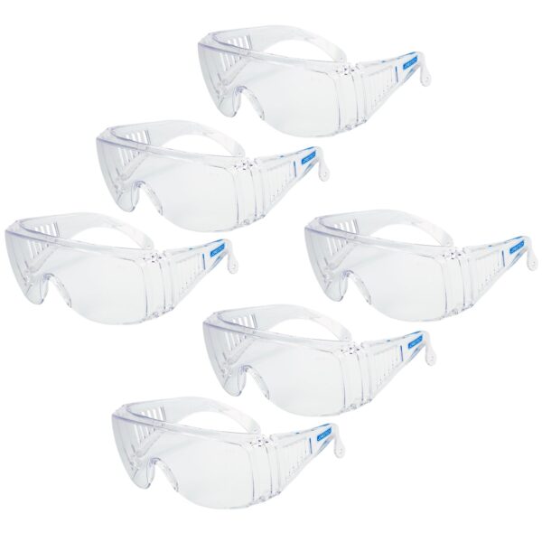 Paquete de 6 gafas de seguridad Jorestech transparentes para protección de alto impacto sobre fondo blanco