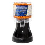 Vista frontal de una estación dispensadora de tapones para los oídos JORESTECH® con 250 pares de tapones de espuma naranja compatibles con ANSI