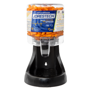 Vista frontal de una estación dispensadora de tapones para los oídos JORESTECH® con 250 pares de tapones de espuma naranja compatibles con ANSI
