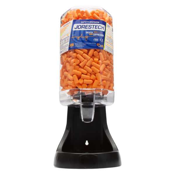 Vista frontal de una estación dispensadora de tapones para los oídos de montaje en pared JORESTECH® con 500 pares de tapones de espuma naranja para los oídos, conforme a ANSI