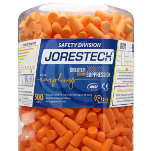 Vista en primer plano de una estación dispensadora transparente de tapones para los oídos JORESTECH® con 500 tapones de espuma ultra suaves naranjas en su interior. El texto en la etiqueta del producto dice: mayor supresión del sonido. ANSI, CE, 32 dB de reducción de ruido EPD-500