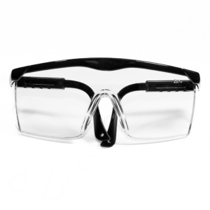vista frontal de las gafas de seguridad transparentes rectangulares con marco negro, certificadas Z87+ ANSI, con protectores laterales para protección contra impactos altos y patillas ajustables