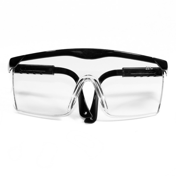 vista frontal de las gafas de seguridad transparentes rectangulares con marco negro, certificadas Z87+ ANSI, con protectores laterales para protección contra impactos altos y patillas ajustables
