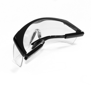 vista trasera plegada de las gafas de seguridad rectangulares transparentes de policarbonato con marco negro y protectores laterales para protección contra impactos fuertes con patillas ajustables