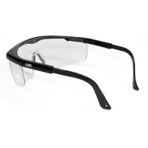 vista trasera plegada de las gafas de seguridad transparentes rectangulares con montura negra y protectores laterales para protección contra impactos fuertes