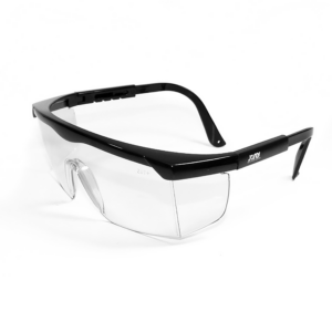 vista diagonal de gafas de seguridad rectangulares transparentes con montura negra y protectores laterales para protección contra impactos fuertes, con varillas ajustables