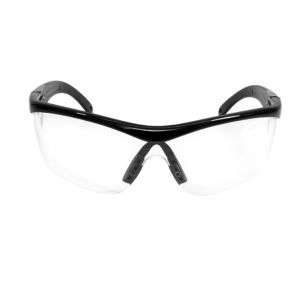 vista frontal de unas gafas de seguridad transparentes JORESTECH de diseño moderno con montura y protectores laterales para protección contra impactos altos
