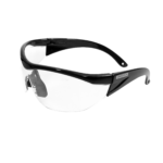 Vista diagonal de unas gafas de seguridad transparentes JORESTECH de diseño moderno con montura y protectores laterales para protección contra impactos altos. Hay una marca grabada en el lente de policarbonato que dice Z87+, que es la norma ANSI