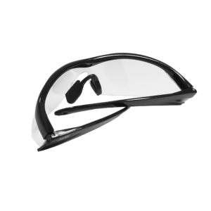 Vista trasera de unas gafas de seguridad transparentes JORESTECH de policarbonato con diseño moderno y montura, con protecciones laterales para protección de alto impacto, con las patillas plegadas