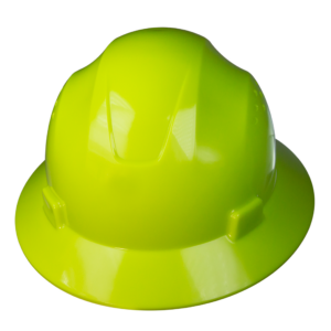 Vista frontal de un casco de seguridad JORESTECH de ala completa color lima con suspensión de 4 puntos