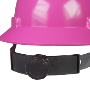 Primer plano del ajuste de trinquete de rueda en el casco de seguridad rosa con suspensión de 4 puntos para EPP