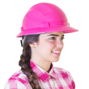 Mujer que lleva el casco de seguridad de ala completa con suspensión de 4 puntos y ajuste de carraca con rueda