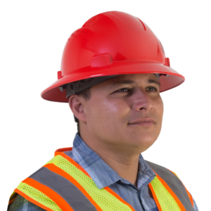 Un hombre usando un casco de seguridad rojo JORESTECH de ala completa y un chaleco de alta visibilidad en lima y naranja sobre fondo blanco
