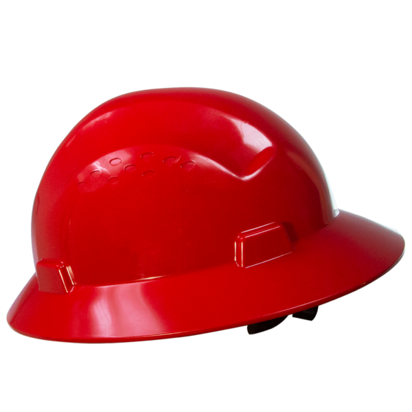 Un casco de seguridad JORESTECH de ala completa rojo con suspensión de 4 puntos, Tipo I, Clase C, E, G