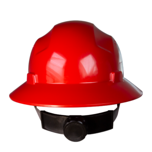 Casco de seguridad rojo de ala completa con suspensión de 4 puntos y trinquete negro